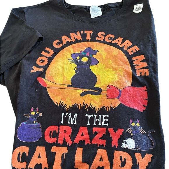 Port & Co Black SS Tee XL You Can’t Scare Me~ I’m The Crazy Cat Lady” Halloween - Picture 2 of 4